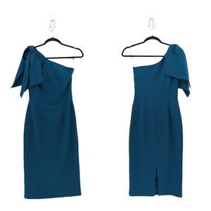 DRESS THE POPULATION Women S Tiffany Dress Peacock Blue Midi Sheath One Shoulder